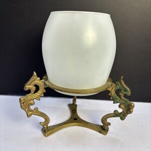 MCM Three Dragon Brass Etched Stand With Glass Candle Holder Tripod India 7"